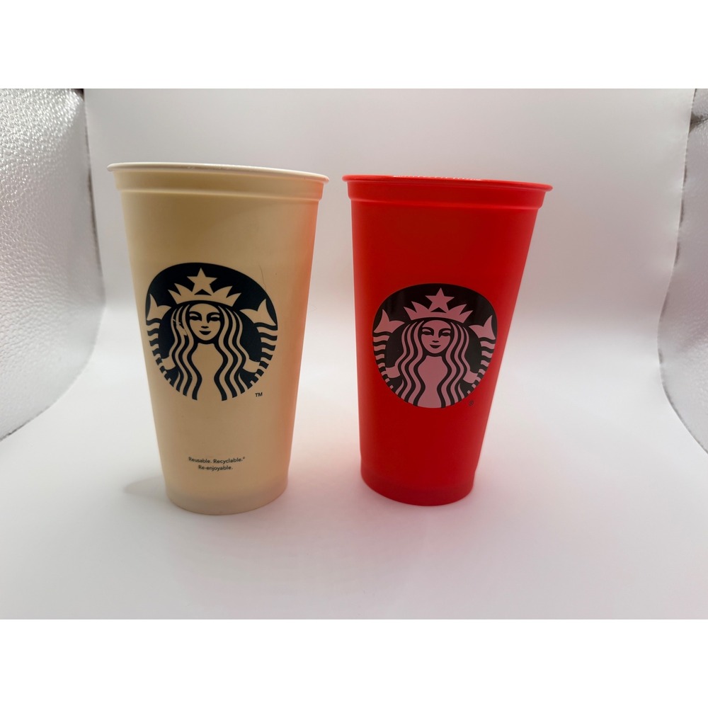 Starbucks Reusable Hot Cup Set 16oz Cream and Red Holiday Siren Logo 2pk